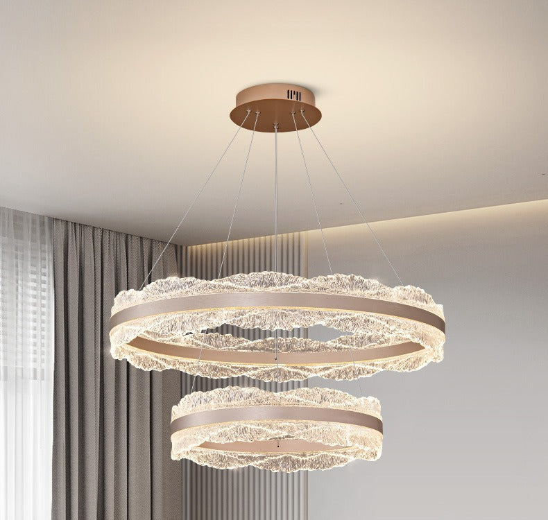Double Crystal Ring LED Chandelier – Contemporary Round Pendant Light for High-End Living Spaces