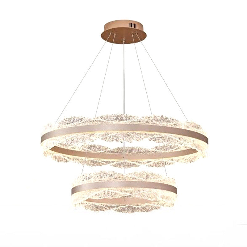 Double Crystal Ring LED Chandelier – Contemporary Round Pendant Light for High-End Living Spaces