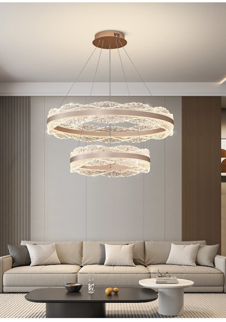 Double Crystal Ring LED Chandelier – Contemporary Round Pendant Light for High-End Living Spaces