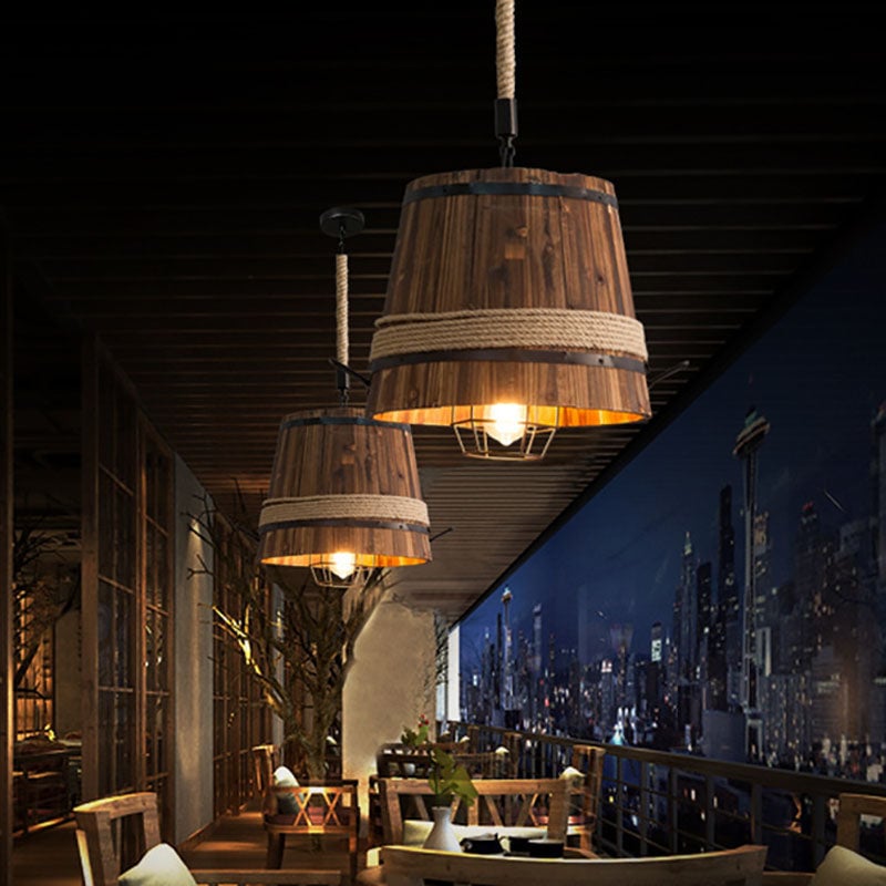 Wood Carved Barrel Pendant Lamp