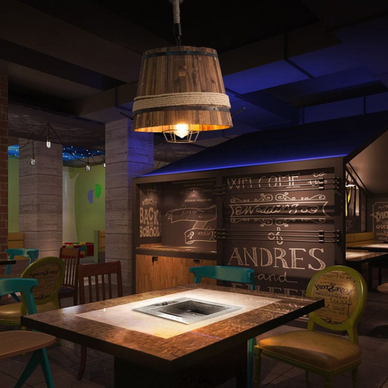 Wood Carved Barrel Pendant Lamp